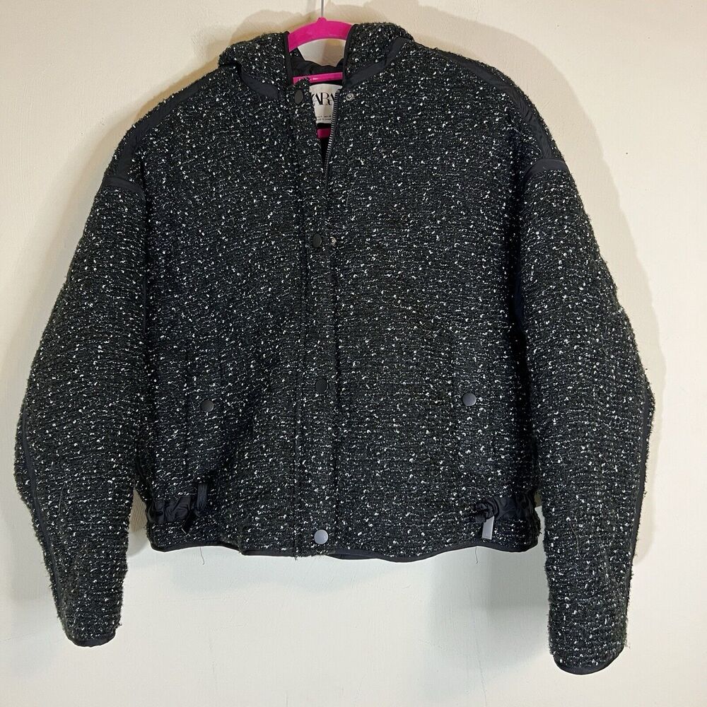 Zara Tweed Full Zip Hooded Jacket Black White Size USA/EUR Small Pockets Lined